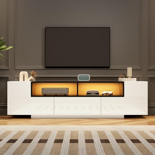 Meuble TV LED 180cm, Lowboard Blanc Brillant et Noir, Design en L avec Tiroir, pour TV jusqu'à 75 Pouces, Style Moderne