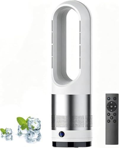 ZJHHRZ Ventilador Torre Calor Frio, 45cm Sin Aspas Oscilante 80°, 8 Velocidades, Temporizador 8h, Pantalla Led, Purificador de Aire y Circulador de Aire para Interior, Blanco