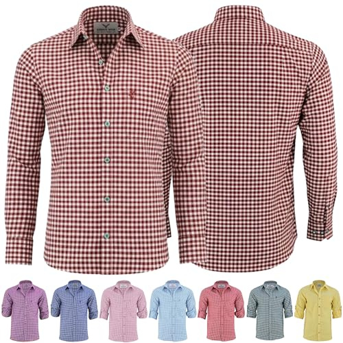 German Wear Trachtenhemden für Herren mit Langen Ärmeln, klassisches Karomuster, hochwertige bayerische Mode mit Hirsch-Stickerei und kardieten Ärmeln
