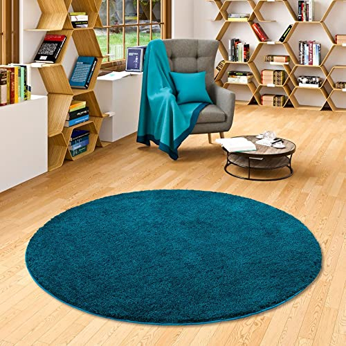 Palace Hochflor Shaggy Teppich Petrol Rund in 7 Größen
