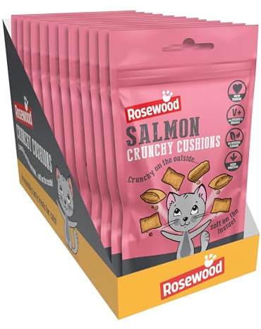 Rosewood Daily Eats Salmon Crunchy Cushions for Cats - Tasty Cat Treats with Taurine, Added Vitamins and Minerals, Small Bite Sized Cat Snacks (12 x 60g)