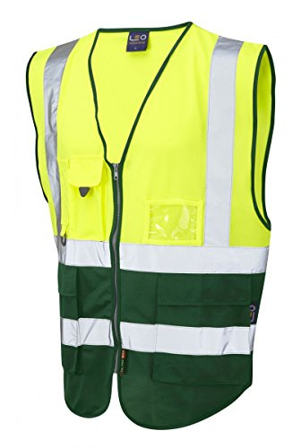 Leo Workwear Lynton W11 Dual Colour Hi-Vis Class 1 Multi-pocket Superior Waistcoat, XL, Yellow-Bottle Green