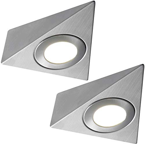 2 Pack | *240V Mains* LED Triangle Under Cabinet Kitchen Spotlights | Brushed Nickel & Warm White | Surface Mounted Light Fittings | Cupboard Worktop Counter Unit Lighting Kit | Loops