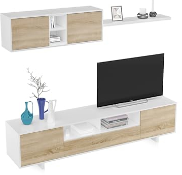 Habitdesign Mueble de Salon Moderno, Modulos Comedor, Modelo Belus, Acabado en Blanco Brillo y Roble Canadian, Medidas: 200 cm (Ancho) x 41 cm (Fondo) x 46 cm (Alto)