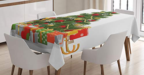 ABAKUHAUS Weihnachten Tischdecke, Weihnachtsbaum-Stil, Pflegeleicht mit Modernster Druck Technologie Waschbar und Personalisiert, 140 x 170 cm, Gelb Grün Rot