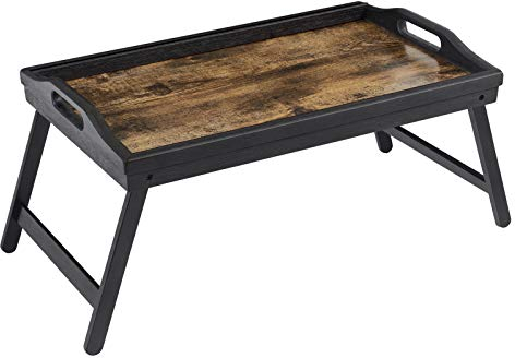 SONGMICS Bed Tray Table with Bamboo Folding Legs, Breakfast Tray for Sofa, Bed, Serving Snack Tray with Groove for Phone Tablet, Laptop Desk, Rustic Brown LLD106B01