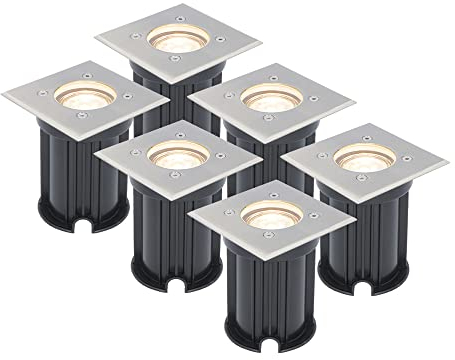 HOFTRONIC - Ramsay - 6er Set LED Bodeineinbaustrahler Edelstahl - Eckig - 2700K Warmweiß GU10 Dimmbar - IP67 Wasserdicht - 3 jahre Garantie - bodenstrahler außen | Terrassen Einbaustrahler Aussen