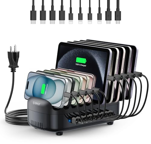 ORICO 120W Charging Station for Multiple Devices, 10 USB Fast Ports with 10 Short Mixed Cables, Charging Stand Organizer for Cell Phones, Smart Phones, Tablets, iWatch, Airpods -White (Black)