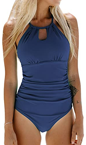 CUPSHE Damen Badeanzug mit Zierausschnitten Bauch Weg Bademode High Neck Shape Einteilige Strandmode Swimsuit Yale Blau M
