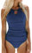 CUPSHE Damen Badeanzug mit Zierausschnitten Bauch Weg Bademode High Neck Shape Einteilige Strandmode Swimsuit Yale Blau M