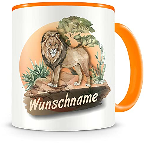 Samunshi® Kindertasse mit Namen Tasse Löwe Personalisierte Tasse mit Namen Kinder Kinderbecher mit Namen Kindergarten orange 300ml
