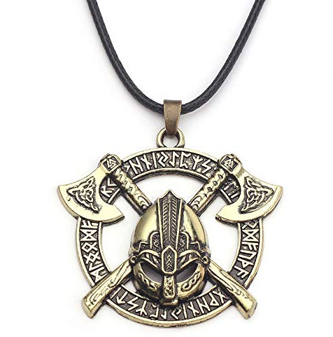 Norse Warrior Helmet Necklace for Men, Viking Runes Double Axe Pendant Necklace with 15.7 inches + 1.9 inches Chain, Nordic Warriors Tribal Amulet Necklace, Leather Cord, Punk Viking Jewellery, No