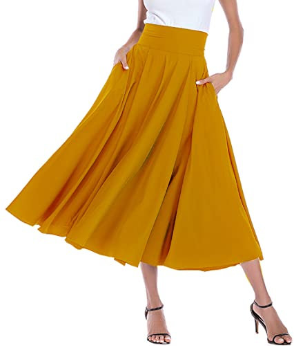 May Story Damen Retro Maxirock Hoher Taille Rockabilly Rock Lang Festlich Tellerrock Faltenrock (XXL, Kurkuma)