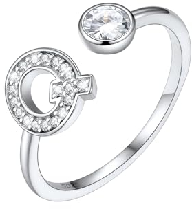 SILVERCUTE Silber 925 Offener Ring mit Zirkonia Buchstaben Damen Initiale Q verstellbar Statement Ring Finger Schmuck Accessoire für Valentinstag Weihnachten