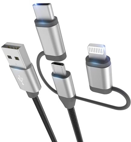 MICFLIP 3 in 1 Charging Cable Adapter,Apple MFi Certified Lightning,Type-C,Micro USB Cable,Compatible with iPhone 16/15/14,iPad,Huawei, HTC,LG,Samsung Galaxy,Sony Xperia,Car Play(1 Pack,3.4ft)