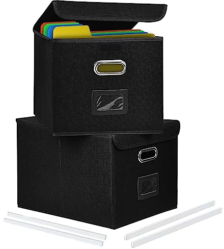 Okydoky Tragbare Aktenbox mit Deckel, faltbare Leinen-Aufbewahrungsboxen zum Aufhängen mit Kunststoffrutsche, dekoratives Füllsystem für Zuhause/Büro für Akten und Ordner (BK, 2p, L)