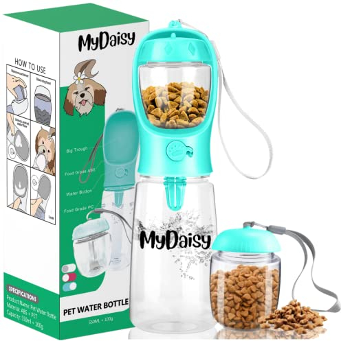 MYDAISY 550ml Bebedero Perro Portatil Apta para Lavavajillas con Comedero Perro y envase de Comida de 100g Botella Agua Perro Apto también para Cachorros y Gatos Viajar Perros Accesorios