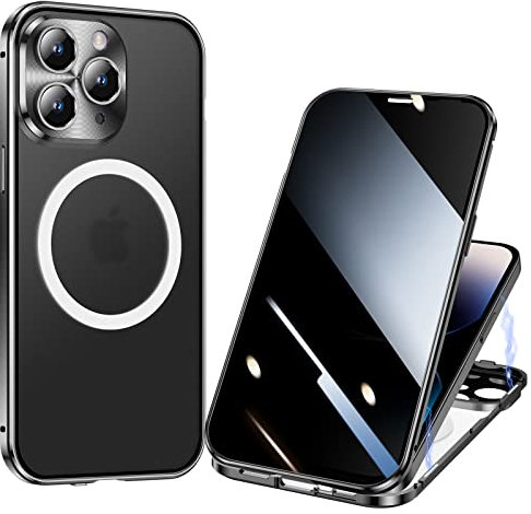 ksscaly Anti Peeping Hülle für iPhone 14 Pro (6,1), Kompatibel mit Magsafe 360 Grad Schutz Case Privatsphäre Gehärtetes Glas Magnetische Adsorption Metallrahmen Handyhülle Anti-Spähen Cover (Schwarz)