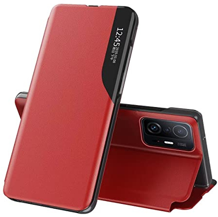 EASSGU Leder Hülle für Xiaomi MI 11T / Xiaomi MI 11T Pro (6.67 Inches) Seitenfenster Flip Halter PU Leder Handyhülle, Kratzfest, Stoßfest Schützend Case - Rot