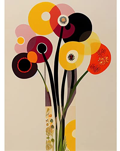 Wee Blue Coo Abstract Retro Spring Summer Flowers Floral Yellow Burgundy Orange Bouquet Vase Unframed Wall Art Print Poster Home Decor Premium