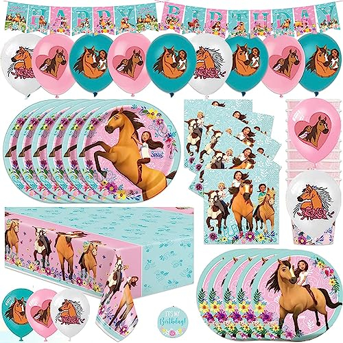 Pferd Birthday Party Zubehör für Mädchen | Horse Riding Free Untamed Horse Decorations | Für 16 Gäste | Mit Banner, Tischdecke, Tellern, Servietten, Luftballons | Mit Lucky, Pru und Abigail