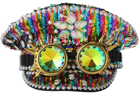 COSDREAMER Damen Burning Man Pailletten Hut Festival Militär Kapitän Hüte mit Brille (Regenbogen Diamant)