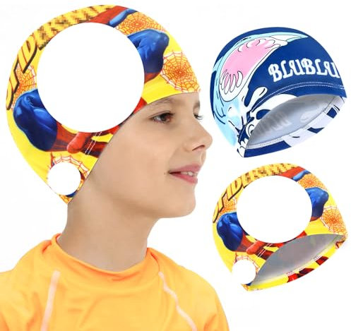 Gorros de Natación para Niños, 2 Piezas Gorro de Natación de Poliéster, Unisex Gorro de Natación, Tiburón Gorro de Natación para Pelo Largo, Elásticos y Cómodos Gorro de Baño para Niños