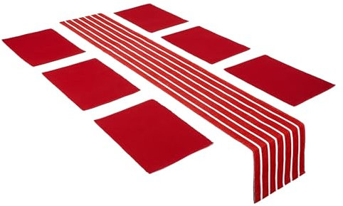 Encasa XO Tischläufer und Platzset Set 6 | Feingerippte Baumwolle | Roma rot | 1 Tischläufer Größe 32x200 cm & Jede Tischmatte Größe 48x32 cm
