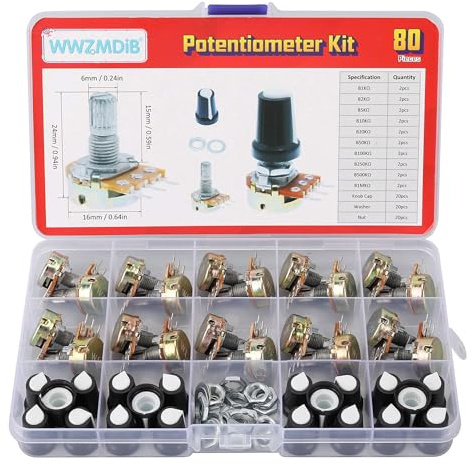 WWZMDiB 80 Pcs Potentiometer Kit with Knobs B1K 2K 5K 10K 20K 50K 100K 250K 500K 1M Ohm potentiometers Assortment Tapered Rotary Audio B-Type Potentiometer(Equipped with Nuts & washers)