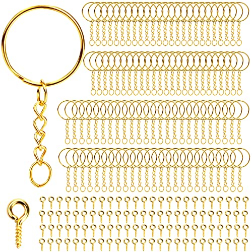 Schlüsselring mit Kette 200 Stück Schlüsselanhänger Basteln Set (100 Schlüsselanhänger Ringe Kette + 100 Schrauböse Pins) Schlüsselringe 25mm für Schlüssel DIY Taschen Schmuckherstellung (Gold)