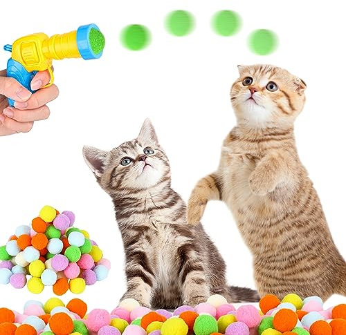100 Stück Katzenspielzeug Bälle mit Katzenspielzeug-Werfer,Interaktives Katzen Spielzeug,Katze Pompom,Bälle Buntes Katzenplüsch,Interactive Spielzeug für Indoor Haustier Katzen Hunde (100 Stück)
