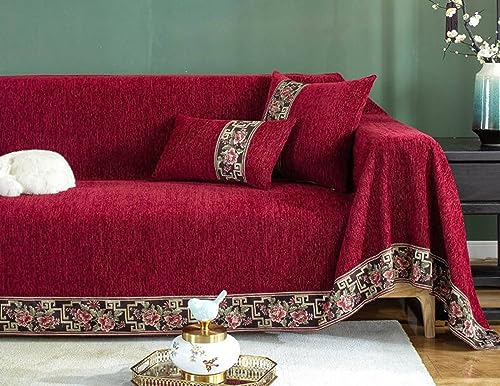 Homxi Sofa Überzug Zweisitzer,180x230CM,Sofahusse Überzug Einfarbig mit Blumenmuster Sofabezug Chenille Sofa Handtuch Rot Couchbezug Decke