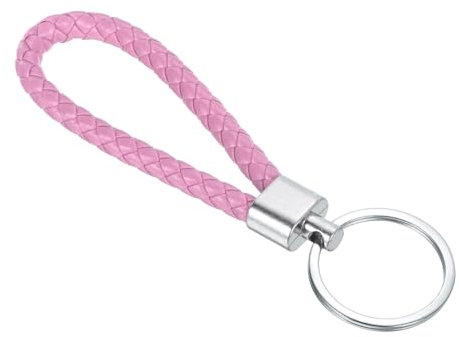 PATIKIL Portachiavi intrecciato in pelle con cerchio portachiavi in acciaio inossidabile, cinturino da polso intrecciato in PU, portachiavi per auto, borsa, portafoglio, pendente, rosa