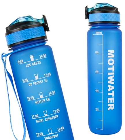 Trinkflasche 1L, deutsch, Motivation, Spühlmaschinen geeignet, Wasserflasche Auslaufsicher, BPA Frei, Sportflasche mit Zeitmarkierung (Blau (weiße Schrift))