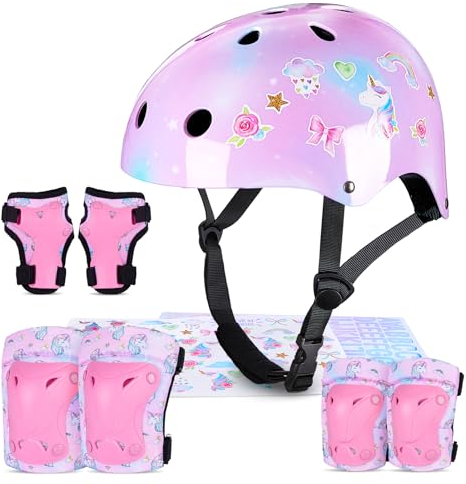 MHJY Casco Bicicleta Niño con Pegatinas DIY para Niñas Casco de Bici Edad 3-8 Años Rodilleras y Coderas de Unicornio Equipo de Protección Ajustable para Ciclismo, Skate, Patinete, Patines
