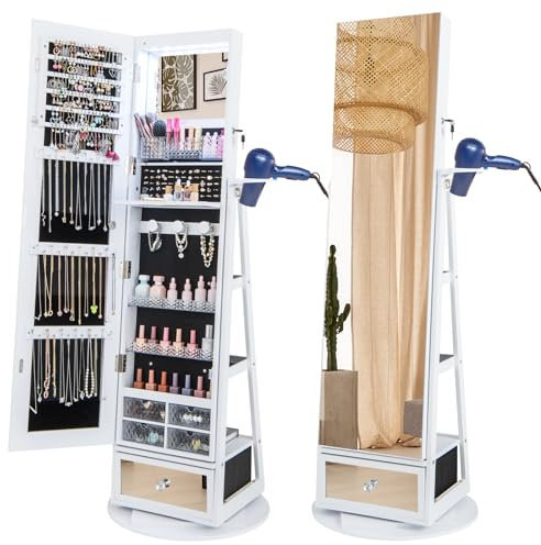 GOPLUS Armoire à Bijoux avec Miroir sur Pied, 4 en 1 Armoire à Bijoux Pivotante à 360, Lumière LED, Support pour Sèche-Cheveux, Miroir Pleine Longueur, Rangment de Bijoux pour Chambre (Blanc)