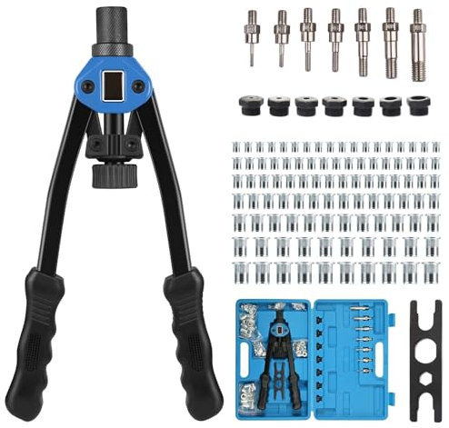 Remachadora de tuercas, tuercas remachables, kit de herramientas para tuercas de remache, remachadora para taladro manual, con 140 tuercas de remache y 7 mandriles métricos, con fijador de roscas