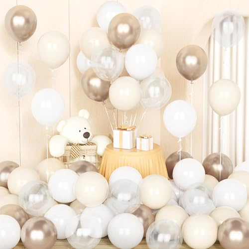 Sand White Champagne Gold Balloons,50 Pcs 12 Inch Ivory White Metallic Champagne Gold Transparent Latex Balloons with 2 Ribbons for Birthday Boho Wedding Bridal Baby Shower Anniversary Party Decor