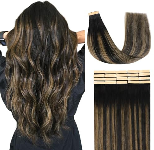 Lashey Tape Extensions Echthaar 40cm(16zoll) 20pcs 50g Glatt Echthaar Tape Extensions Balayage Natürliches Schwarz bis Hellblond Haarverlängerungen Echthaar für Frauen Invisible Tape ins