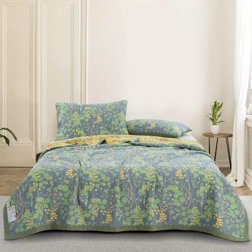 Purefair 100 % Baumwoll-Musselin, botanische Decke, Jacquard-Blumenmuster, Steppdecke, weicher Bettbezug, leicht, atmungsaktiv, wendbar, Tagesdecke, Bettdecke, Bettdecke, Doppelbett (150 x 239 cm),