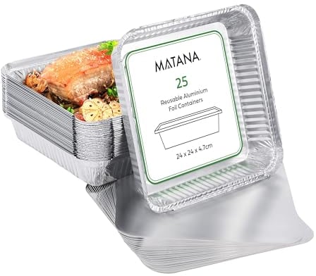 MATANA 50 Aluminium Foil Trays with Lids – 23×23 cm (1300 ml) | Heavy-Duty Roasting & Baking Pans – Sturdy, Disposable or Reusable Food Containers, Oven & Freezer Safe