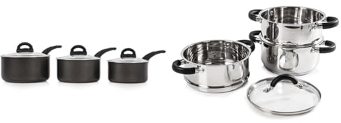 Tower T80302 Cerasure 3 Piece Saucepan Set with Non-Stick Coating, Suitable for All Hob Types & T80836 Essentials Induction Steamer Pans 3 Tier with Glass Lid, Silicone Handles, Stainless