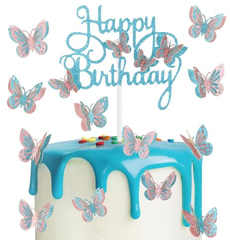 Pink & Blue Butterfly Birthday Cake Toppers - Happy Birthday Cupcake Butterfly Decorations for Girls' Women Birthday Party Supplies