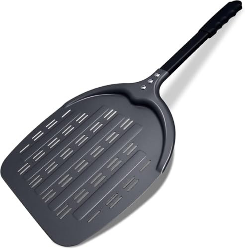 Newmeto Pizzaschieber, 35,6 cm, perforierter Pizzaschieber, professionelles Aluminium-Pizzaschieber, Restaurantqualität, langer Griff, antihaftbeschichtet, Metallschäler für Outdoor-Pizzaofen