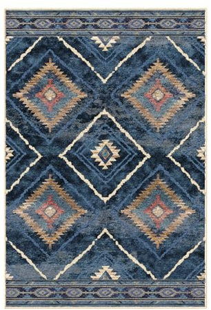 DEFYNEE Teppich Wohnzimmer 240 x 300 cm – Waschbarer Kurzflor Teppich, rutschfest, Vintage & Boho Stil, Pflegeleicht – Für Flur, Wohnzimmer, Schlafzimmer & Esszimmer, Dunkelblau