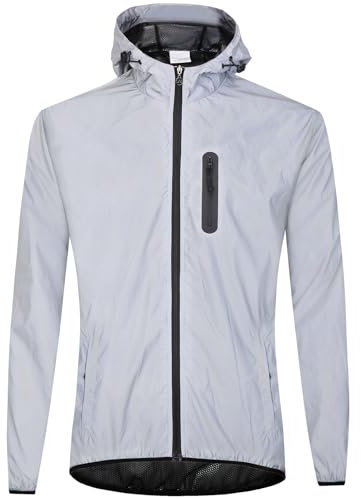 Fahrradjacke Reflektierend Damen, Herren Wasserdicht Atmungsaktiv Radjacke mit Kapuze, Winddicht Fahrrad Regenjacke für Radfahren Laufen Wandern - Silber XXL