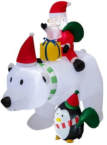 COSTWAY Père Noël Gonflable sur l'ours Polaire Tête Oscillante 210 cm, avec Pingouin Sacs-Cadeaux et Boîte-Cadeau, Décoration de Noël Gonflable Lumineuse pour Salon Jardin et Cour
