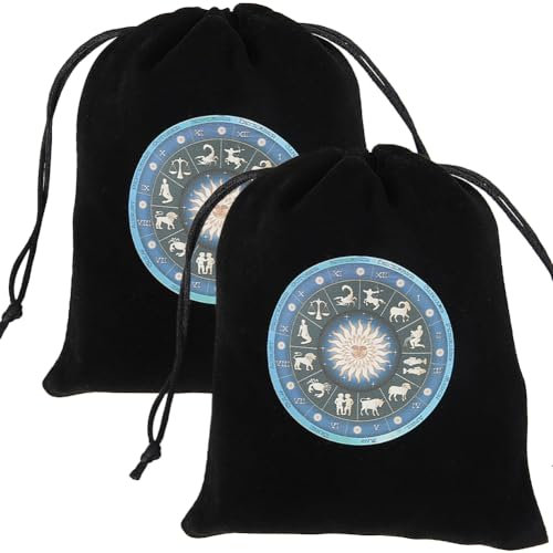 CREATCABIN 2 Stück Tarotbeutel Samtbeutel Mit Kordelzug Tarotkartenbeutel Tarotdeck Aufbewahrungshalter Schwarz The Zodiac Wrap Runenbeutel Für Schmuck Kristalle Hexereiartikel Altargeschenk 12.5x15cm