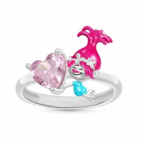 GNOCE Ring Trolls Poppy umarmt Herz Edelstein Ring 925 Sterlingsilber Schwarz Ring Herz CZ Stein Geschenk Ring Für Damen Frau mit Schmuckschatulle zum Valentinstag (9)