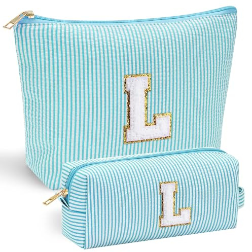 Parima Cadeaux pour filles et femmes - Trousse de maquillage personnalisée avec lettres de A à Z - Cadeau d'anniversaire pour femme, fille, petite amie, bleu clair, L
